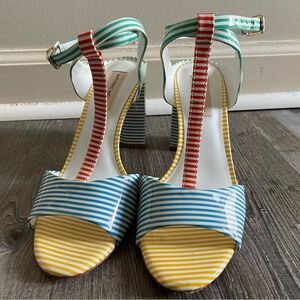 🦋 SOLD 🦋 Antonio Melani Striped Block Heel Strappy Sandals Blue Yellow Red Mint